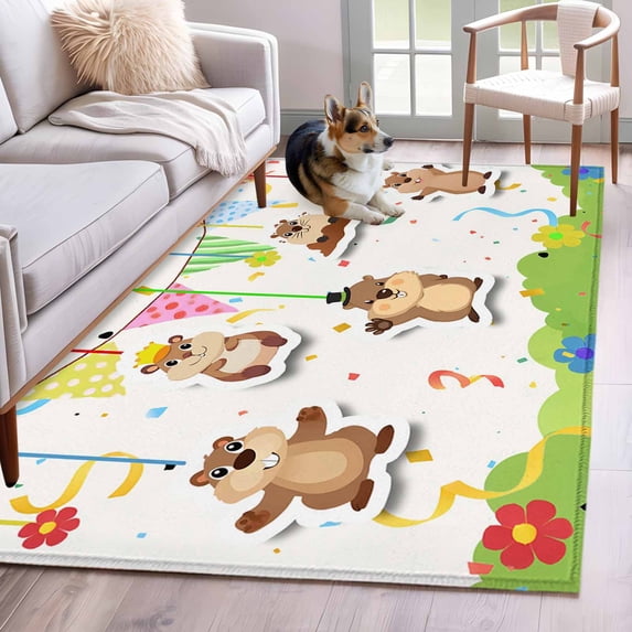 Area Rugs for Living Room Bedroom, Groundhog Day 4'x6' Rug Washable Carpet Runner Indoor Outdoor, Bunting Floral Cartoon Funny Colorful Cute Non Slip Accent Floor Mats Rug for Kitchen, Office