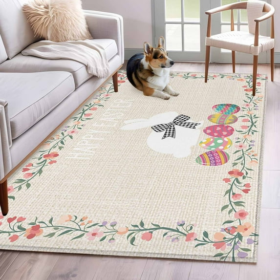 Area Rugs for Living Room Bedroom, Happy Easter 4'x6' Rug Washable Carpet Runner Indoor Outdoor, Bow Bunny Colorful Eggs Flowers Vines Non Slip Accent Floor Mats Rug for Kitchen, Office