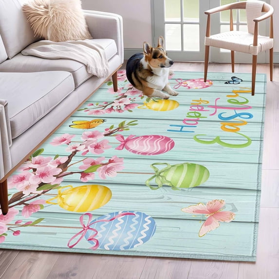 Area Rugs for Living Room Bedroom, Happy Easter 4'x6' Rug Washable Carpet Runner Indoor Outdoor, Spring Colorful Eggs Butterfly Teal Wood Grain Non Slip Accent Floor Mats Rug for Kitchen, Office