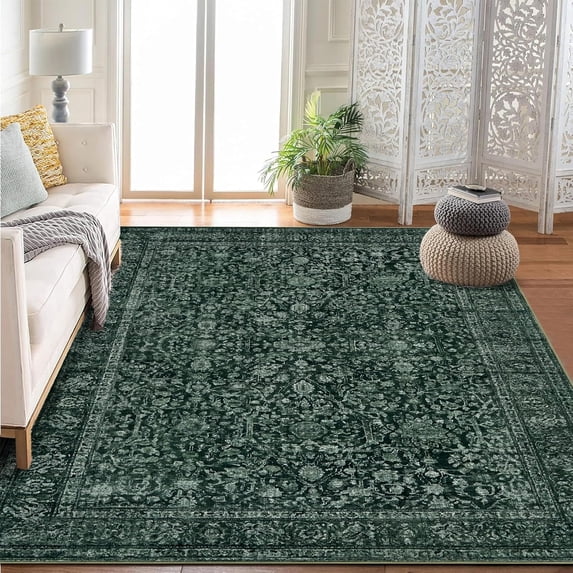 Area Rugs for Living Room Bedroom, Large Washable Rug, Vintage Floral Boho Non Slip Low Pile Carpet Indoor Dining Room and Kids Room Dark Green 6 * 9 ft