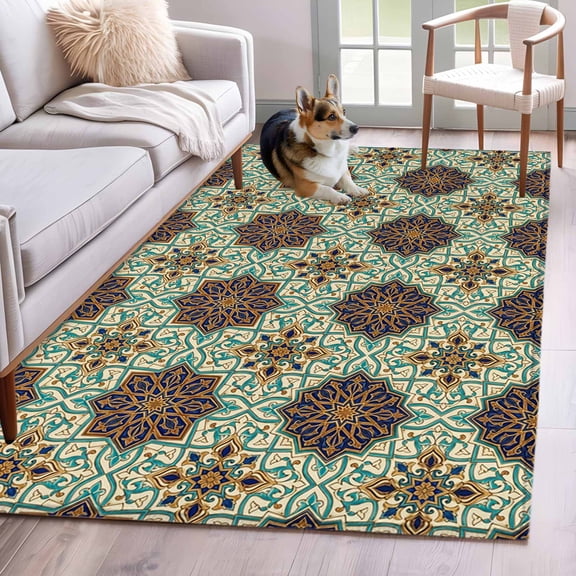 Area Rugs for Living Room Bedroom, Mediterranean 4'x6' Rug Washable Carpet Runner Indoor Outdoor, Vintage Morocco Abstract Pattern Brown Green Non Slip Accent Floor Mats Rug for Kitchen, Office