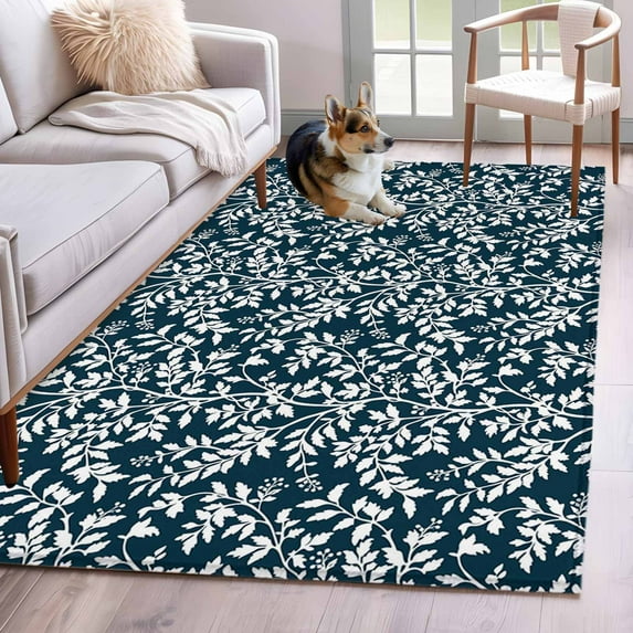 Area Rugs for Living Room Bedroom, Navy Blue Spring Floral 4'x6' Rug Washable Carpet Runner Indoor Outdoor, Farmhouse Flowers Elegant Pastoral Non Slip Accent Floor Mats Rug for Kitchen, Office