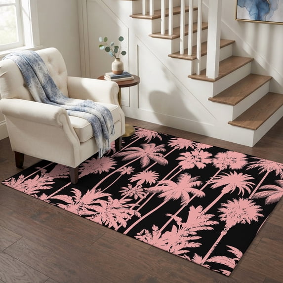 Pink Rug Room Area Rugs for Living Room Bedroom, Pink Black Palm 4'x6' Rug Washable ...