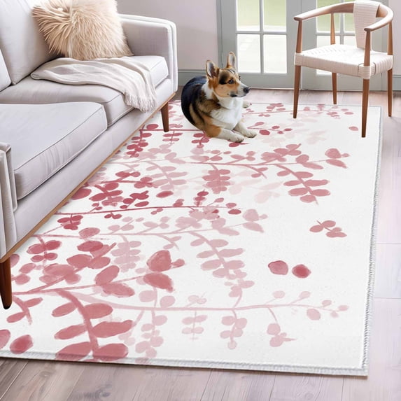 Area Rugs for Living Room Bedroom, Pink Leaves 4'x6' Rug Washable Carpet Runner Indoor Outdoor, Summer Botanical Non Slip Accent Floor Mats Rug for Kitchen, Office