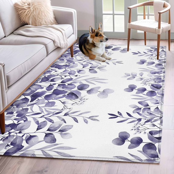 Area Rugs for Living Room Bedroom, Purple Eucalyptus Leaves 4'x6' Rug Washable Carpet Runner Indoor Outdoor, Spring Summer Botanical Non Slip Accent Floor Mats Rug for Kitchen, Office