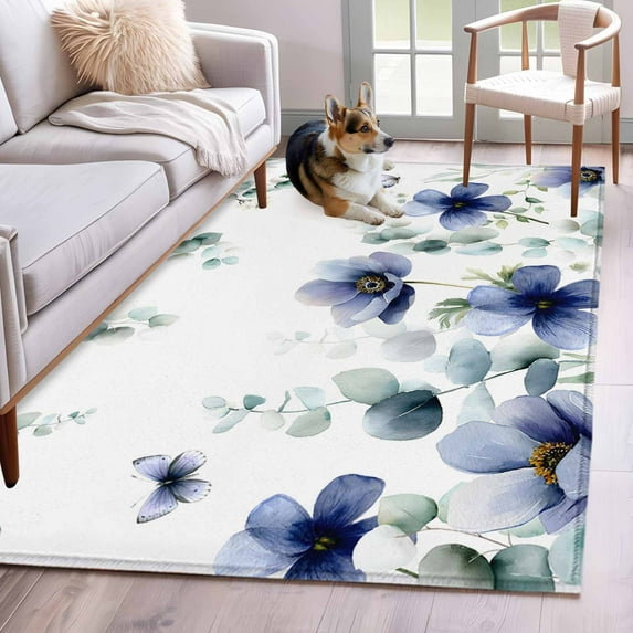 Area Rugs for Living Room Bedroom, Purple Floral 4'x6' Rug Washable Carpet Runner Indoor Outdoor, Watercolor Eucalyptus Leaves Butterfly Non Slip Accent Floor Mats Rug for Kitchen, Office