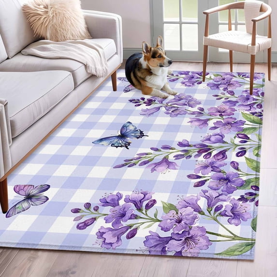 Area Rugs for Living Room Bedroom, Purple Flowers 4'x6' Rug Washable Carpet Runner Indoor Outdoor, Butterfly Spring Floral Checkered Farmhouse Non Slip Accent Floor Mats Rug for Kitchen, Office