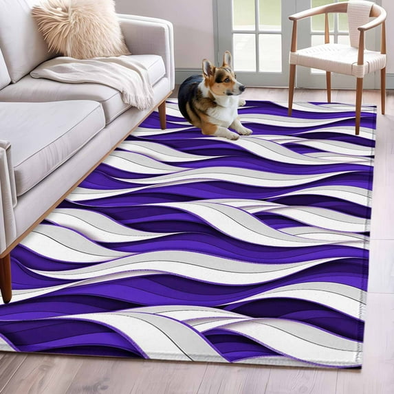 Area Rugs for Living Room Bedroom, Purple White Moire 4'x6' Rug Washable Carpet Runner Indoor Outdoor, Modern Abstract Art Elegant Non Slip Accent Floor Mats Rug for Kitchen, Office