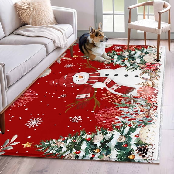 Area Rugs for Living Room Bedroom, Red Christmas 4'x6' Rug Washable Carpet Runner Indoor Outdoor, Snowman Xmas Tree Coastal Snowflake Starfish Non Slip Accent Floor Mats Rug for Kitchen, Office