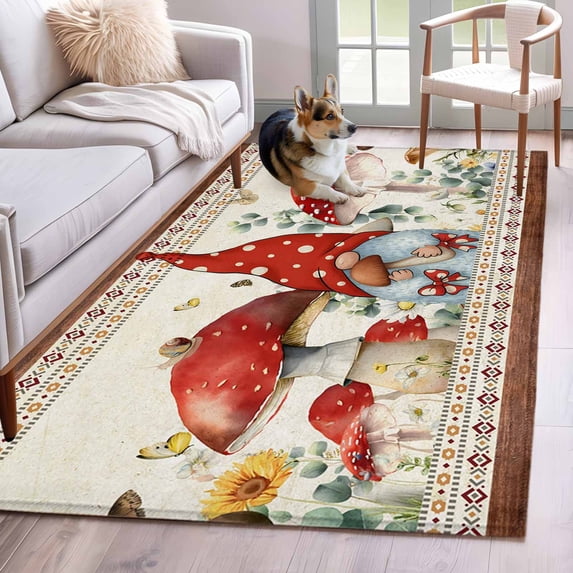 Area Rugs for Living Room Bedroom, Red Mushroom Gnomes 4'x6' Rug Washable Carpet Runner Indoor Outdoor, Vintage Botanical Elegant Pastoral Non Slip Accent Floor Mats Rug for Kitchen, Office