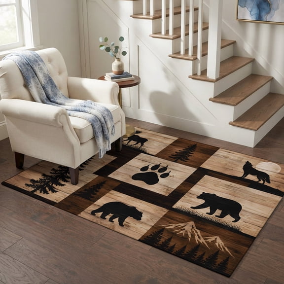 Area Rugs for Living Room Bedroom, Rustic Farmhouse 4'x6' Rug Washable Carpet Runner Indoor Outdoor, Vintage Wildlife Bear Paw Pine Trees Wooden Non Slip Accent Floor Mats Rug for Kitchen, Office