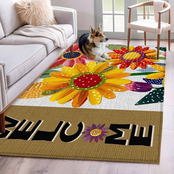 Area Rugs for Living Room Bedroom, Spring Daisy 4'x6' Rug Washable Carpet Runner Indoor Outdoor, Brown Modern Abstract Art Dots Floral Non Slip Accent Floor Mats Rug for Kitchen, Office