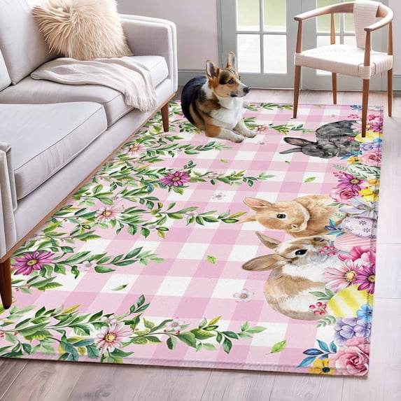 Area Rugs for Living Room Bedroom, Spring Easter 4'x6' Rug Washable Carpet Runner Indoor Outdoor, Watercolor Floral Eggs Rabbits Leaf Pink Plaid Non Slip Accent Floor Mats Rug for Kitchen, Office