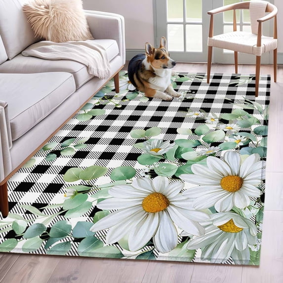 Area Rugs for Living Room Bedroom, Spring Floral 4'x6' Rug Washable Carpet Runner Indoor Outdoor, Daisy Eucalyptus Leaves Black White Plaid Non Slip Accent Floor Mats Rug for Kitchen, Office