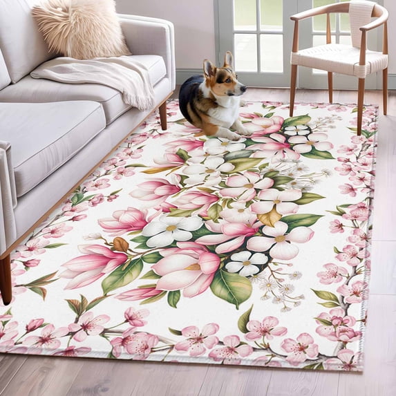 Area Rugs for Living Room Bedroom, Spring Floral 4'x6' Rug Washable Carpet Runner Indoor Outdoor, Retro Pink Orchid Flowers Leaves Botanical Non Slip Accent Floor Mats Rug for Kitchen, Office