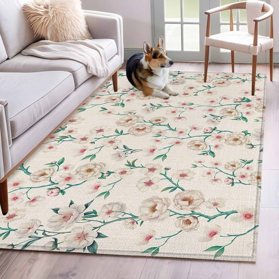 Area Rugs for Living Room Bedroom, Spring Floral 4'x6' Rug Washable Carpet Runner Indoor Outdoor, Watercolor Flowers Leaves Tree Branches Beige Non Slip Accent Floor Mats Rug for Kitchen, Office