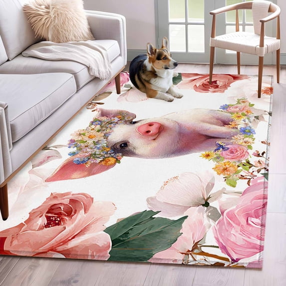 Area Rugs for Living Room Bedroom, Spring Floral Pig 4'x6' Rug Washable Carpet Runner Indoor Outdoor, Elegant Pink Botanical Non Slip Accent Floor Mats Rug for Kitchen, Office