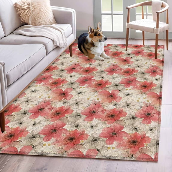 Area Rugs for Living Room Bedroom, Spring Flowers 4'x6' Rug Washable Carpet Runner Indoor Outdoor, Chinese Botanical Pink White Blooms Floral Non Slip Accent Floor Mats Rug for Kitchen, Office