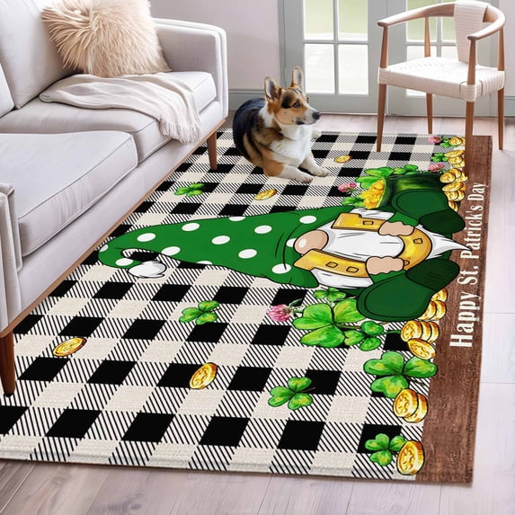 Area Rugs for Living Room Bedroom, St. Patrick's Day 4'x6' Rug Washable Carpet Runner Indoor Outdoor, Gnomes Shamrocks Gold Coin Buffalo Plaid Non Slip Accent Floor Mats Rug for Kitchen, Office