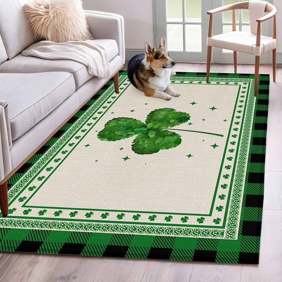 Area Rugs for Living Room Bedroom, St. Patrick's Day 4'x6' Rug Washable Carpet Runner Indoor Outdoor, Green Shamrock Plaid Beige Spring Non Slip Accent Floor Mats Rug for Kitchen, Office