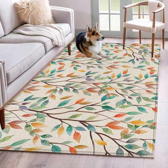 Area Rugs for Living Room Bedroom, Teal Orange Eucalyptus 4'x6' Rug Washable Carpet Runner Indoor Outdoor, Spring Botanical Leaves Non Slip Accent Floor Mats Rug for Kitchen, Office