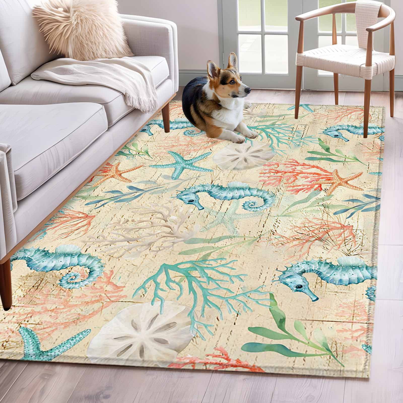 Area Rugs for Living Room Bedroom, Teal Red Coastal 4'x6' Rug Washable Carpet Runner Indoor Outdoor, Nautical Seahorse Beach Coral Starfish Beige Non Slip Accent Floor Mats Rug for Kitchen, Office
