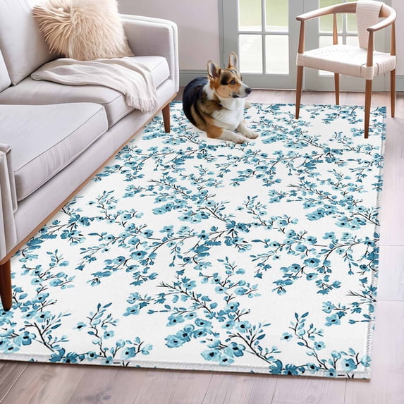 Area Rugs for Living Room Bedroom, Teal Spring Floral 4'x6' Rug Washable Carpet Runner Indoor Outdoor, Elegant Pastoral Flowers Non Slip Accent Floor Mats Rug for Kitchen, Office