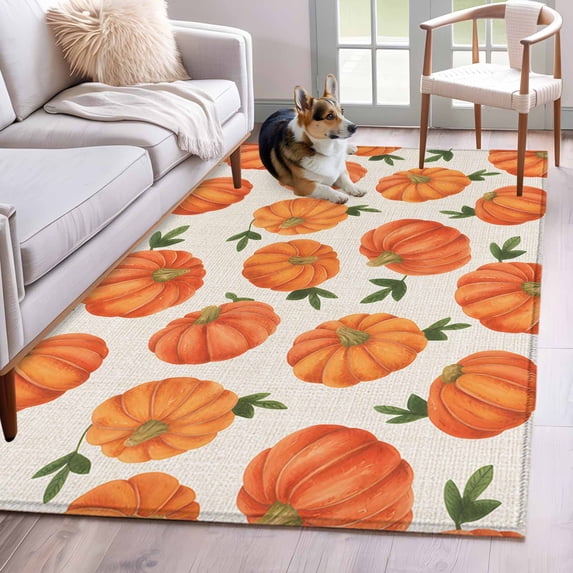 Area Rugs for Living Room Bedroom, Thanksgiving Fall 4'x6' Rug Washable Carpet Runner Indoor Outdoor, Farmhouse Autumn Orange Pumpkin Non Slip Accent Floor Mats Rug for Kitchen, Office