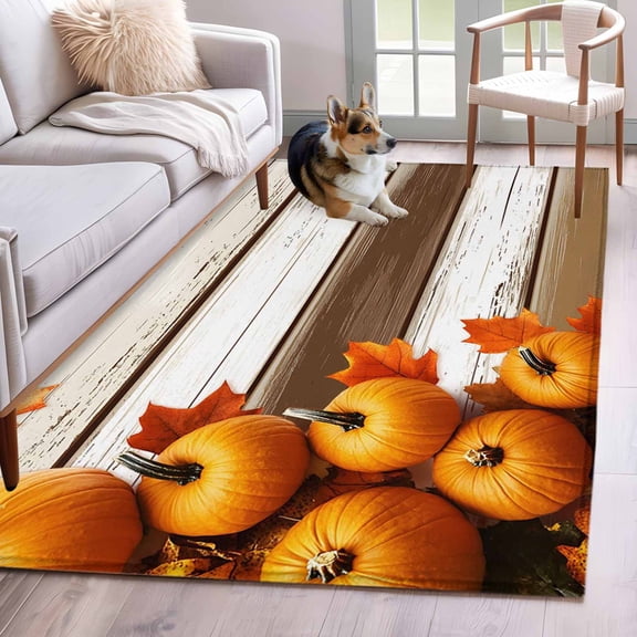 Area Rugs for Living Room Bedroom, Thanksgiving Pumpkin 4'x6' Rug Washable Carpet Runner Indoor Outdoor, Fall Orange Maple Leaves Wooden Non Slip Accent Floor Mats Rug for Kitchen, Office