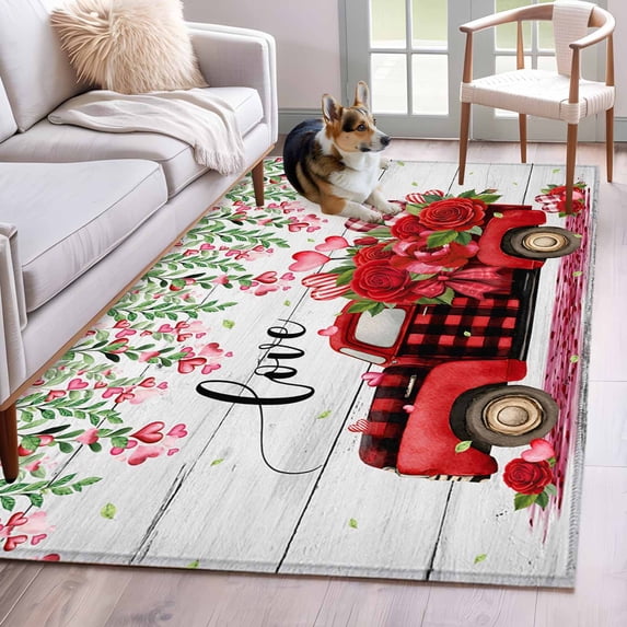 Area Rugs for Living Room Bedroom, Valentine's Day 4'x6' Rug Washable Carpet Runner Indoor Outdoor, Red Plaid Truck Roses Love Leaves Wood Non Slip Accent Floor Mats Rug for Kitchen, Office