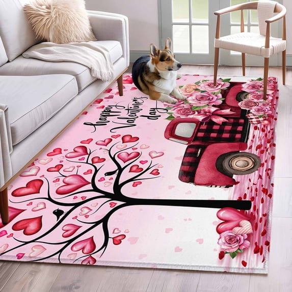 Area Rugs for Living Room Bedroom, Valentine's Day 4'x6' Rug Washable Carpet Runner Indoor Outdoor, Romantic Love Tree Branch Truck Roses Ombre Pink Non Slip Accent Floor Mats Rug for Kitchen, Office