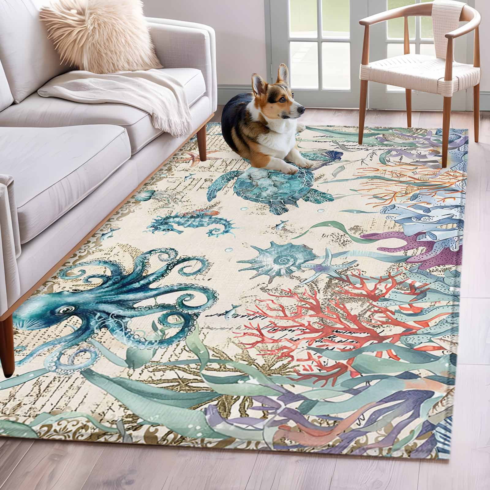 Area Rugs for Living Room Bedroom, Vintage Coastal 4'x6' Rug Washable ...