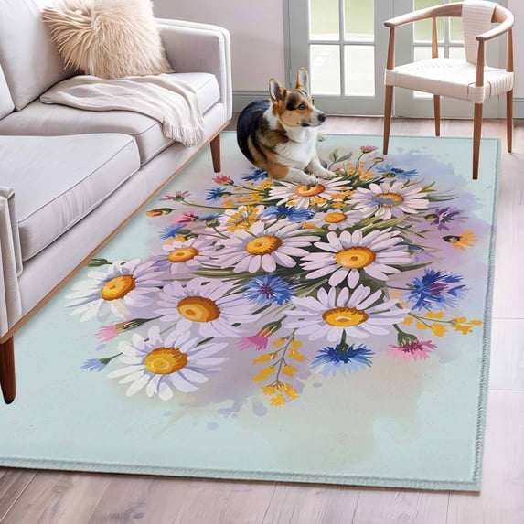 Area Rugs for Living Room Bedroom, Watercolor Daisy 4'x6' Rug Washable ...