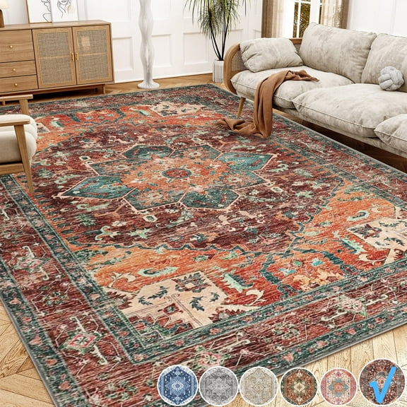 Area Rugs for Living Room Bedroom, Yamaziot 5'x7' Washable Rug Vintage Boho Throw Rug, Non-Slip Faux Wool Medallion Distressed Floor Mat Carpet with Rubber Backing, Brown
