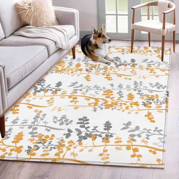 Area Rugs for Living Room Bedroom, Yellow Grey Botanical 4'x6' Rug Washable Carpet Runner Indoor Outdoor, Spring Floral Summer Farmhouse Non Slip Accent Floor Mats Rug for Kitchen, Office