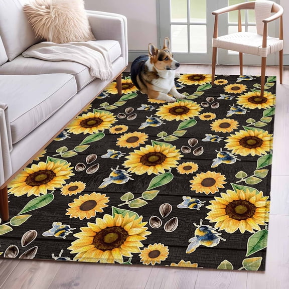 Area Rugs for Living Room Bedroom, Yellow Sunflowers 4'x6' Rug Washable Carpet Runner Indoor Outdoor, Summer Botanical Elegant Pastoral Bees Non Slip Accent Floor Mats Rug for Kitchen, Office