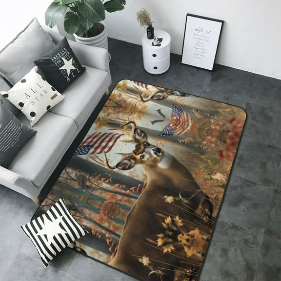 Area Rugs For Living Room Decor - American Wildlife Deer Forest Soft Anti Slip Throw Washable Rugs 5x7 For Bedroom, Indoor Carpet For Bedroom Living Room 80x58In