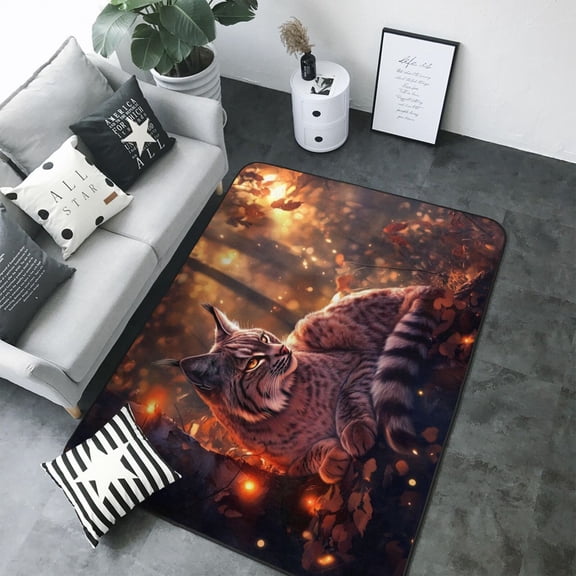 Area Rugs For Living Room Decor - Autumn Bobcat Glowing Leaves Soft Anti Slip Throw Washable Rugs 5x7 For Bedroom, Indoor Carpet For Bedroom Living Room 80x58In