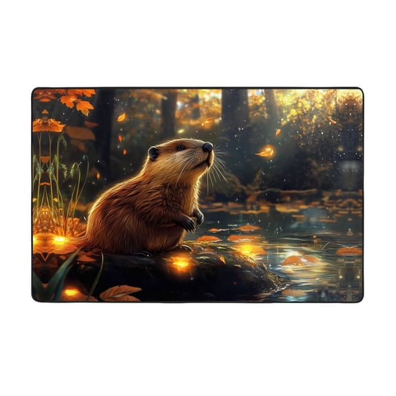 Area Rugs For Living Room Decor - Autumn Maple Leaf Riverside Beaver Anti Slip Throw Washable Rugs 3x5 For Bedroom, Soft Indoor Carpet For Bedroom Living Room 60x39In