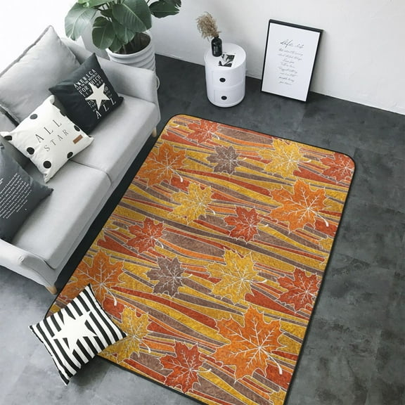 Area Rugs For Living Room Decor - Autumn Maple Leaf Stripes Soft Anti Slip Throw Washable Rugs 5x7 For Bedroom, Indoor Carpet For Bedroom Living Room 80x58In