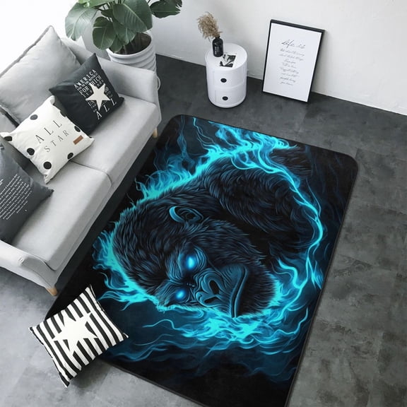 Area Rugs For Living Room Decor - Black Gorilla Blue Flames Soft Anti Slip Throw Washable Rugs 5x7 For Bedroom, Indoor Carpet For Bedroom Living Room 80x58In