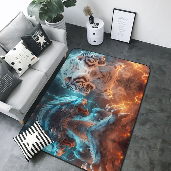 Area Rugs For Living Room Decor - Blue Dragon and White Tiger Soft Anti Slip Throw Washable Rugs 5x7 For Bedroom, Indoor Carpet For Bedroom Living Room 80x58In