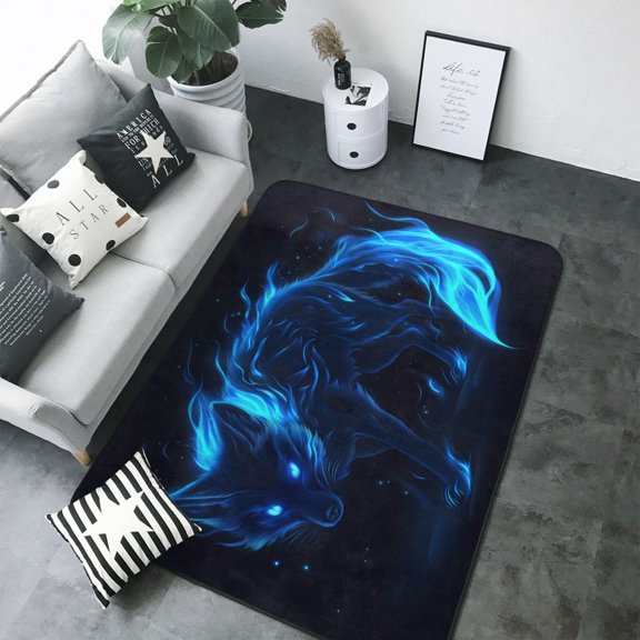 Area Rugs For Living Room Decor - Blue Flames Black Fox Soft Anti Slip Throw Washable Rugs 5x7 For Bedroom, Indoor Carpet For Bedroom Living Room 80x58In