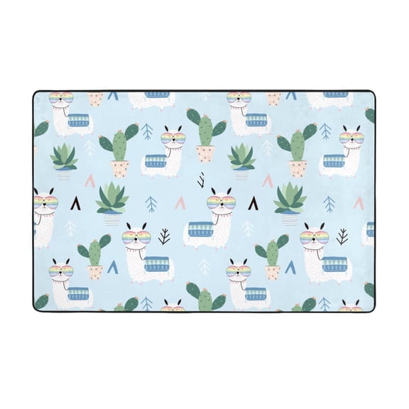 Area Rugs For Living Room Decor - Cartoon Funny Alpaca Cactus Blue Anti Slip Throw Washable Rugs 3x5 For Bedroom, Soft Indoor Carpet For Bedroom Living Room 60x39In