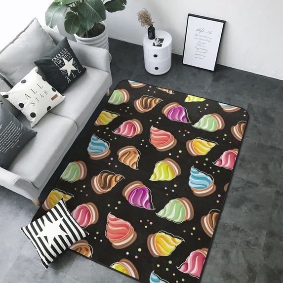 Area Rugs For Living Room Decor - Colourful Ice Cream Print Black Soft Anti Slip Throw Washable Rugs 5x7 For Bedroom, Indoor Carpet For Bedroom Living Room 80x58In