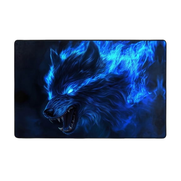 Area Rugs For Living Room Decor - Cool Blue Fire Wolf Anti Slip Throw Washable Rugs 3x5 For Bedroom, Soft Indoor Carpet For Bedroom Living Room 60x39In