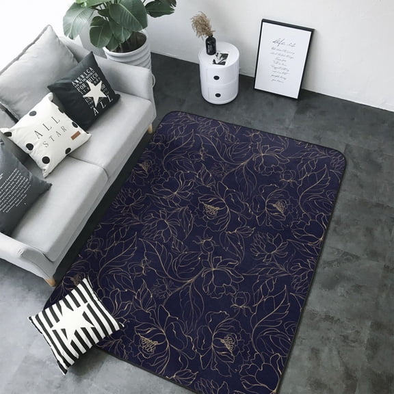 Area Rugs For Living Room Decor - Copper-Gold Gloss Outline Peony Soft Anti Slip Throw Washable Rugs 5x7 For Bedroom, Indoor Carpet For Bedroom Living Room 80x58In