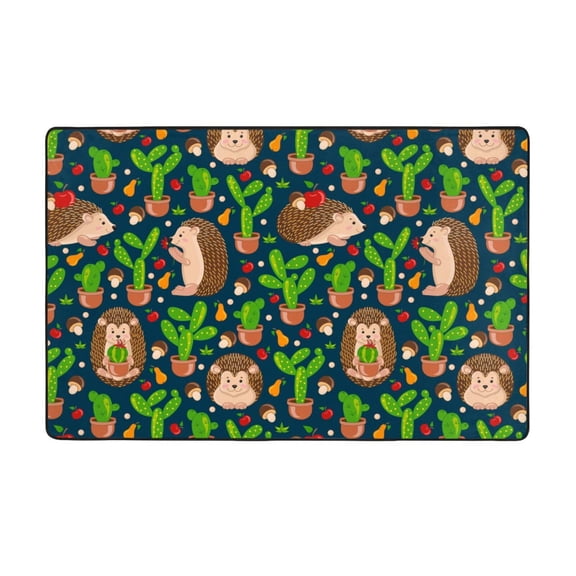Area Rugs For Living Room Decor - Cute Hedgehogs Cactus Blue Anti Slip Throw Washable Rugs 3x5 For Bedroom, Soft Indoor Carpet For Bedroom Living Room 60x39In