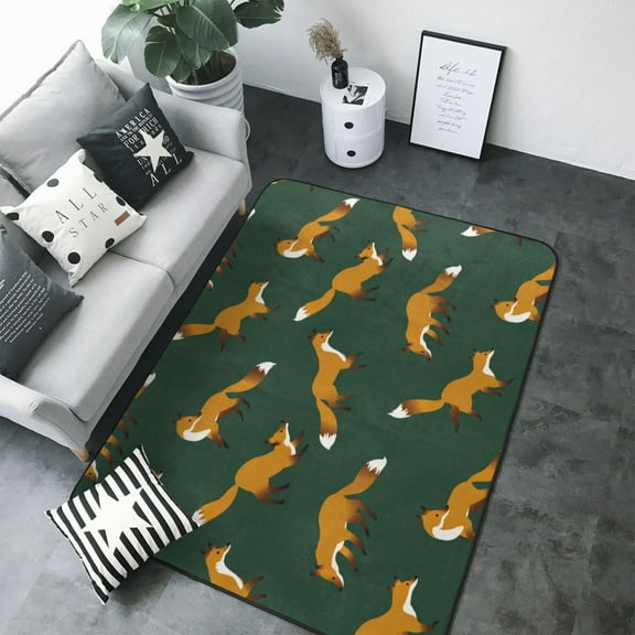 Area Rugs For Living Room Decor - Dark Green Fox Print Soft Anti Slip Throw Washable Rugs 5x7 For Bedroom, Indoor Carpet For Bedroom Living Room 80x58In