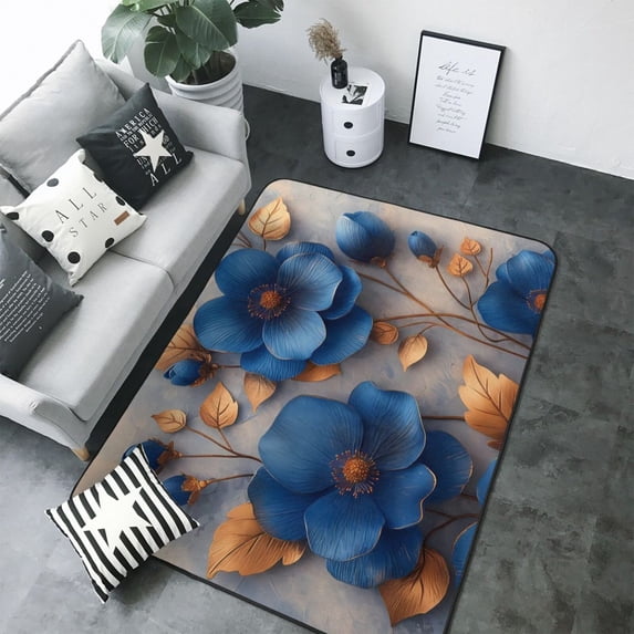 Area Rugs For Living Room Decor - Elegant Blue Gold Blooms Soft Anti Slip Throw Washable Rugs 5x7 For Bedroom, Indoor Carpet For Bedroom Living Room 80x58In